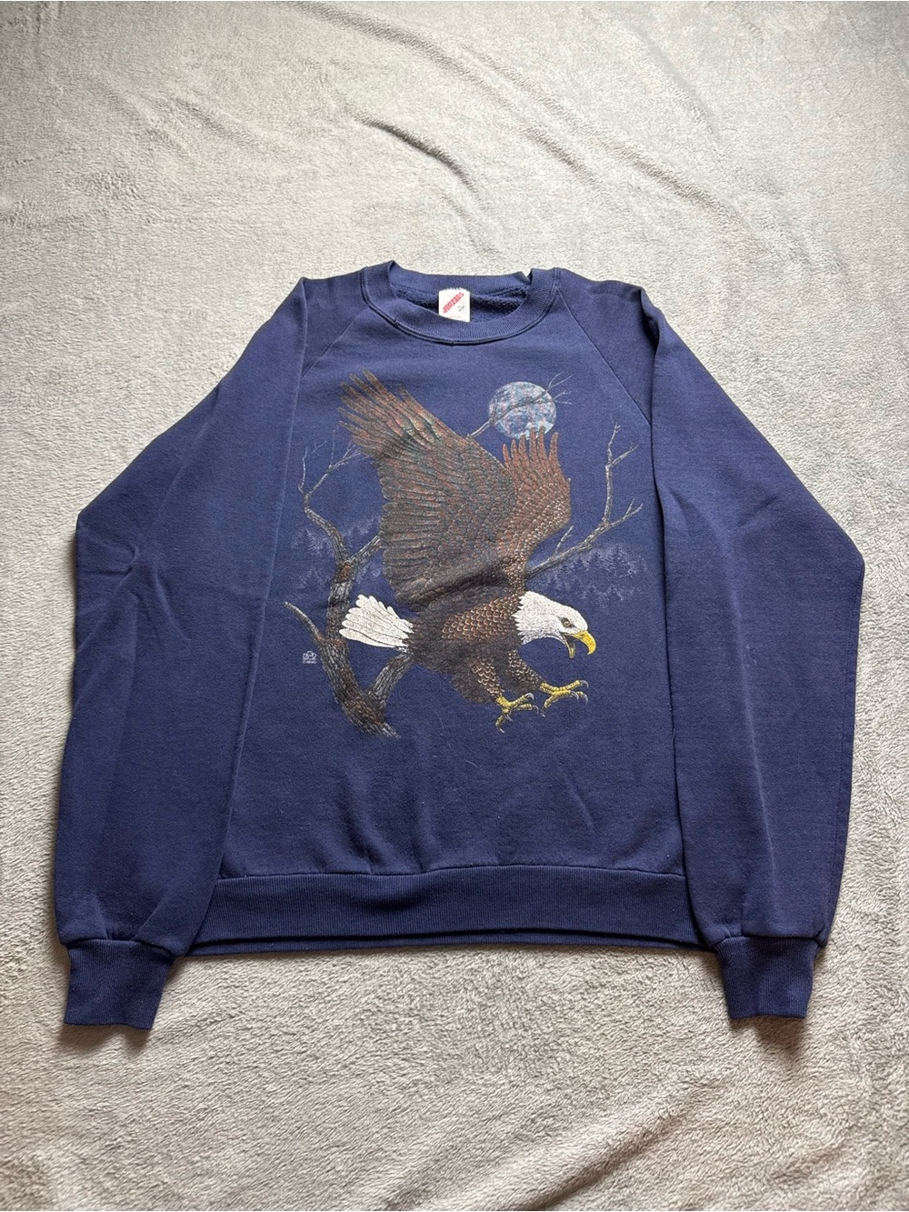Vintage 90s Navy Bald Eagle Animal Print Sweatshirt 1990 Jerzees Tag Size Large